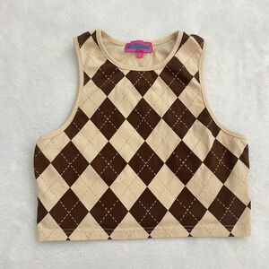 Edikted Argyle Tank Top Women's S Fall Brown Cream Cropped Fitted Pinterest Fem